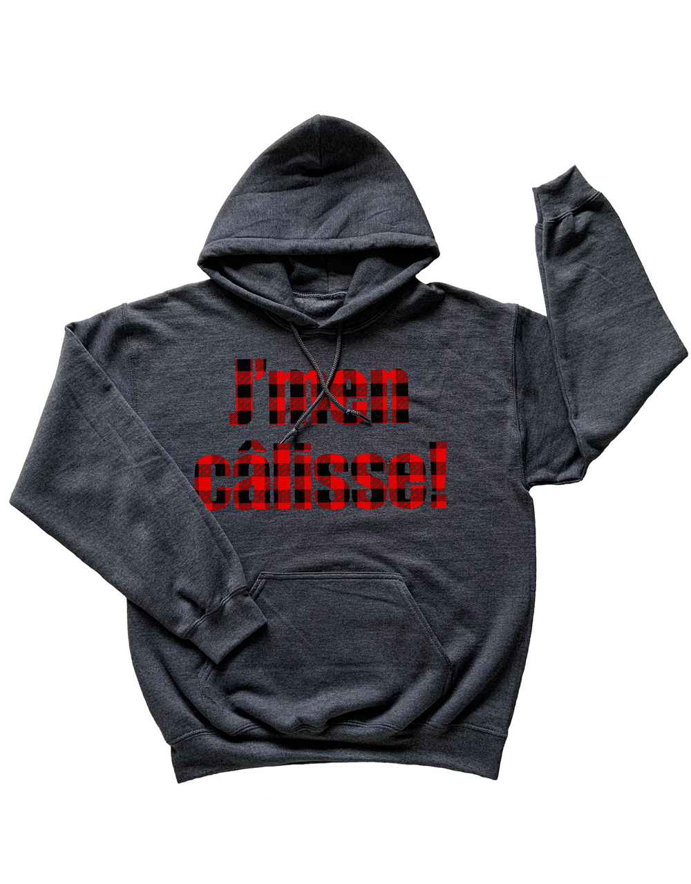 Chandail Coton Ouaté à Capuche J'men Câlisse! Version Carreauté