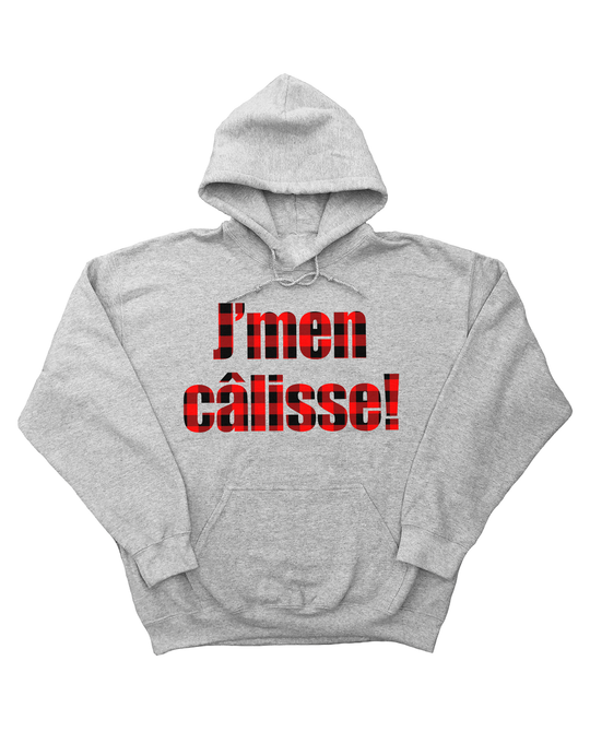 Chandail Coton Ouaté à Capuche J'men Câlisse! Version Carreauté