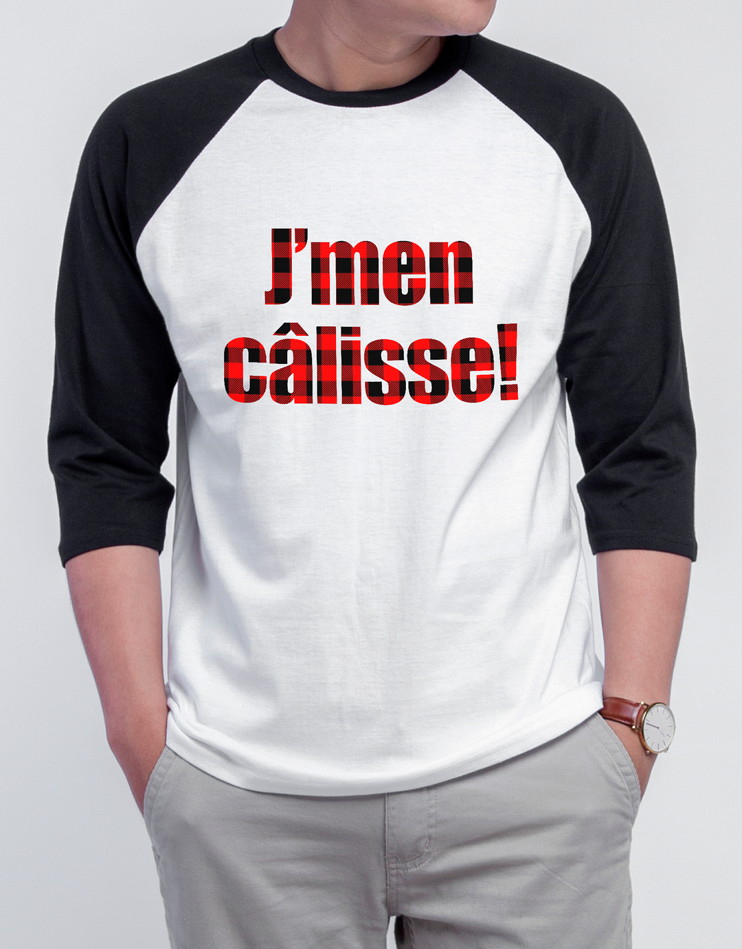 T-Shirt Raglan J'men Câlisse! Version Carreauté